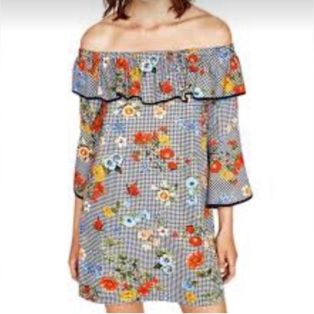 Zara Multicolor Floral Off The Shoulder Mini Dress Size Small